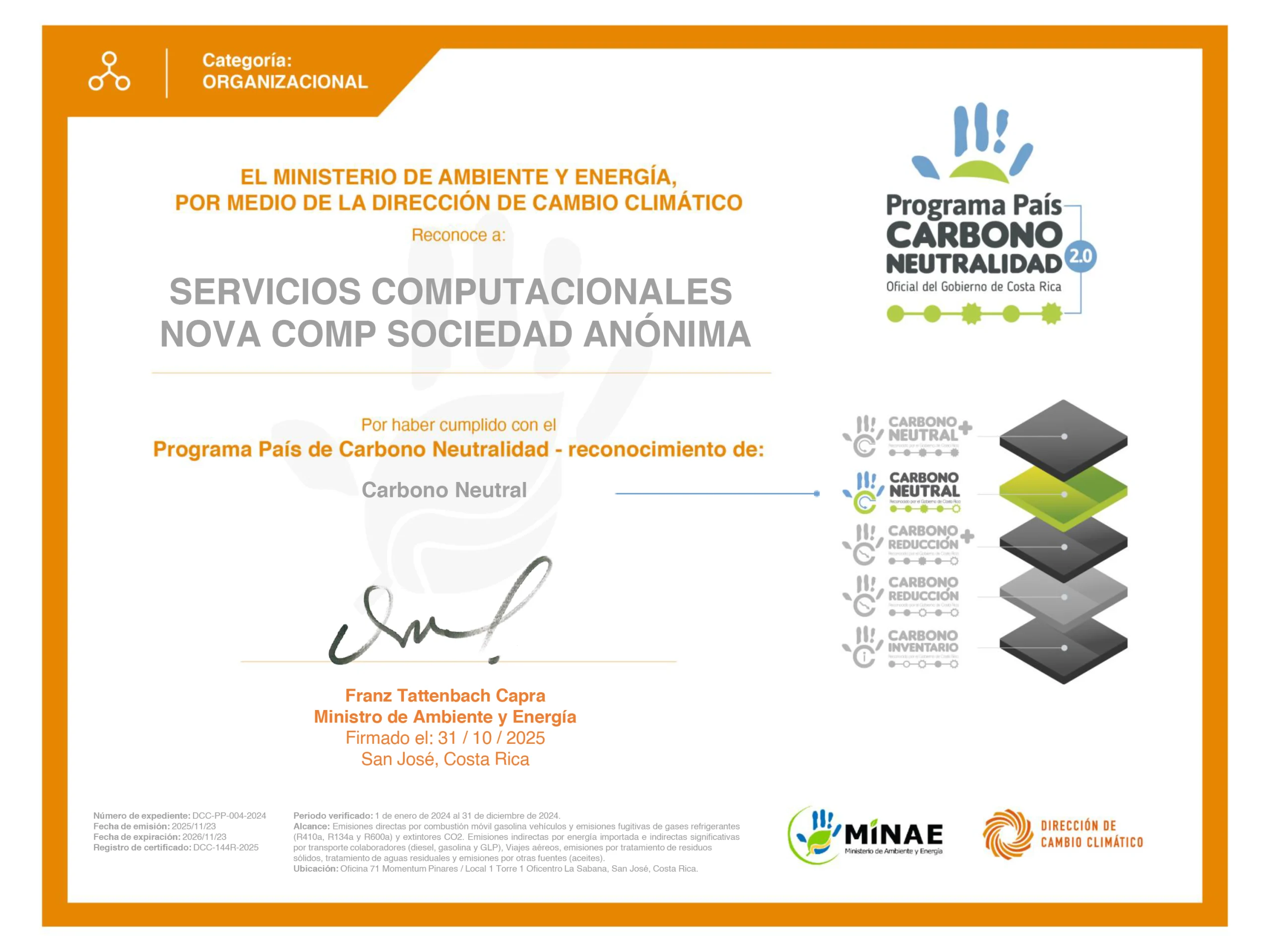Certificado Oficial Programa País Carbono Neutralidad 2.0 - Novacomp