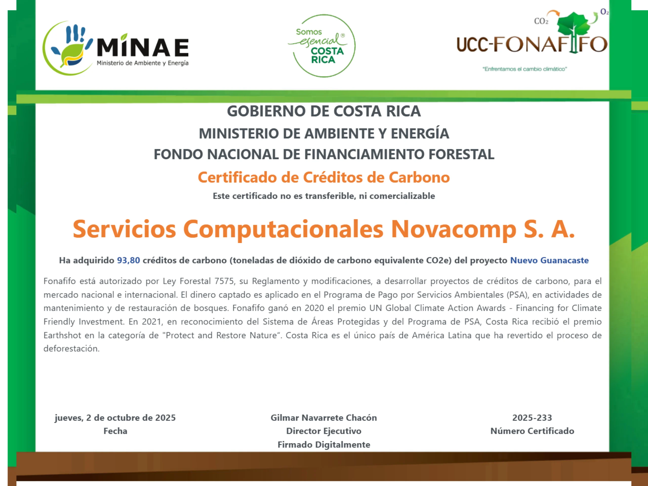 Certificado de Créditos de Carbono MINAE-FONAFIFO - Novacomp