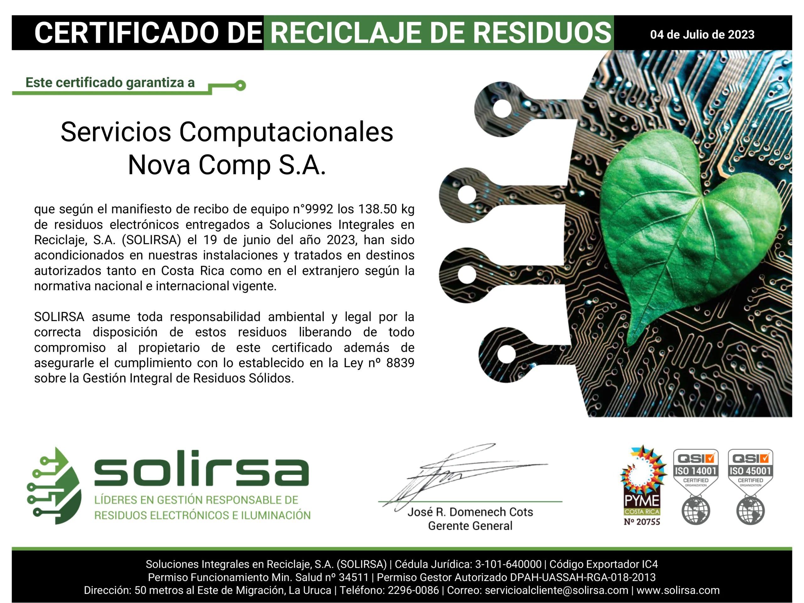 Certificado de reciclaje SOLIRSA - Detalles Técnicos Novacomp
