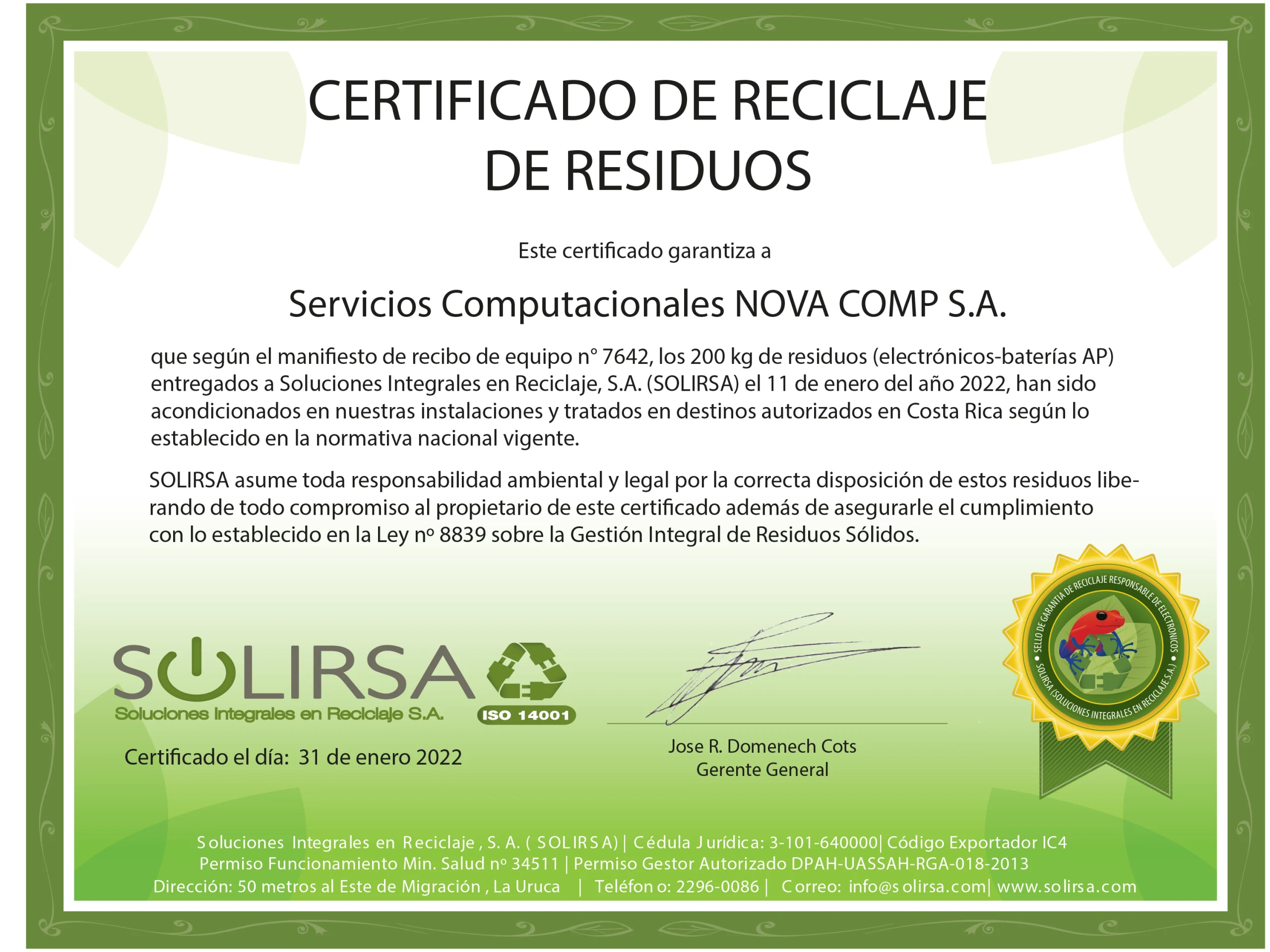 Certificado de reciclaje SOLIRSA - Documentación Novacomp