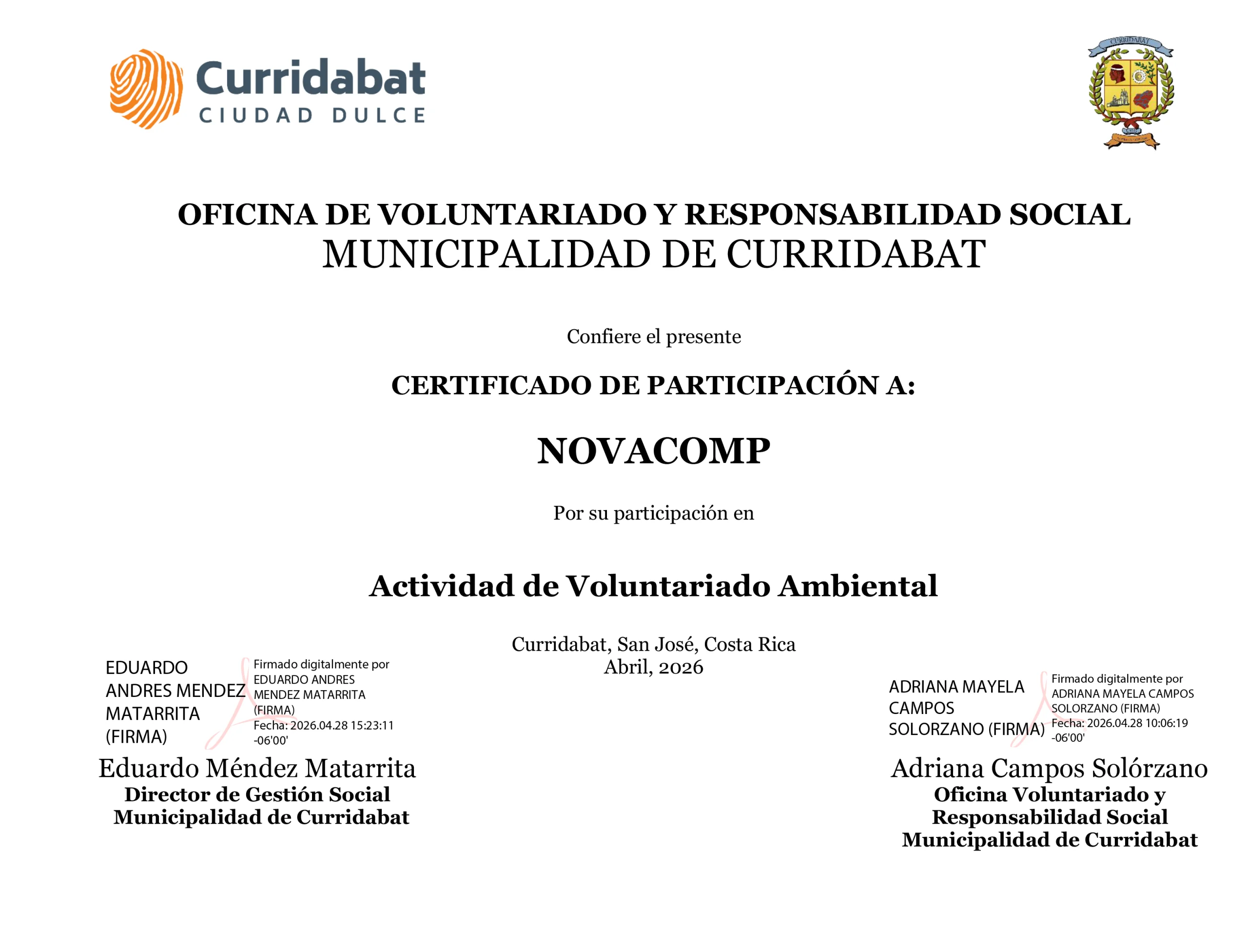 Certificado Voluntariado Ambiental Curridabat - Novacomp 1