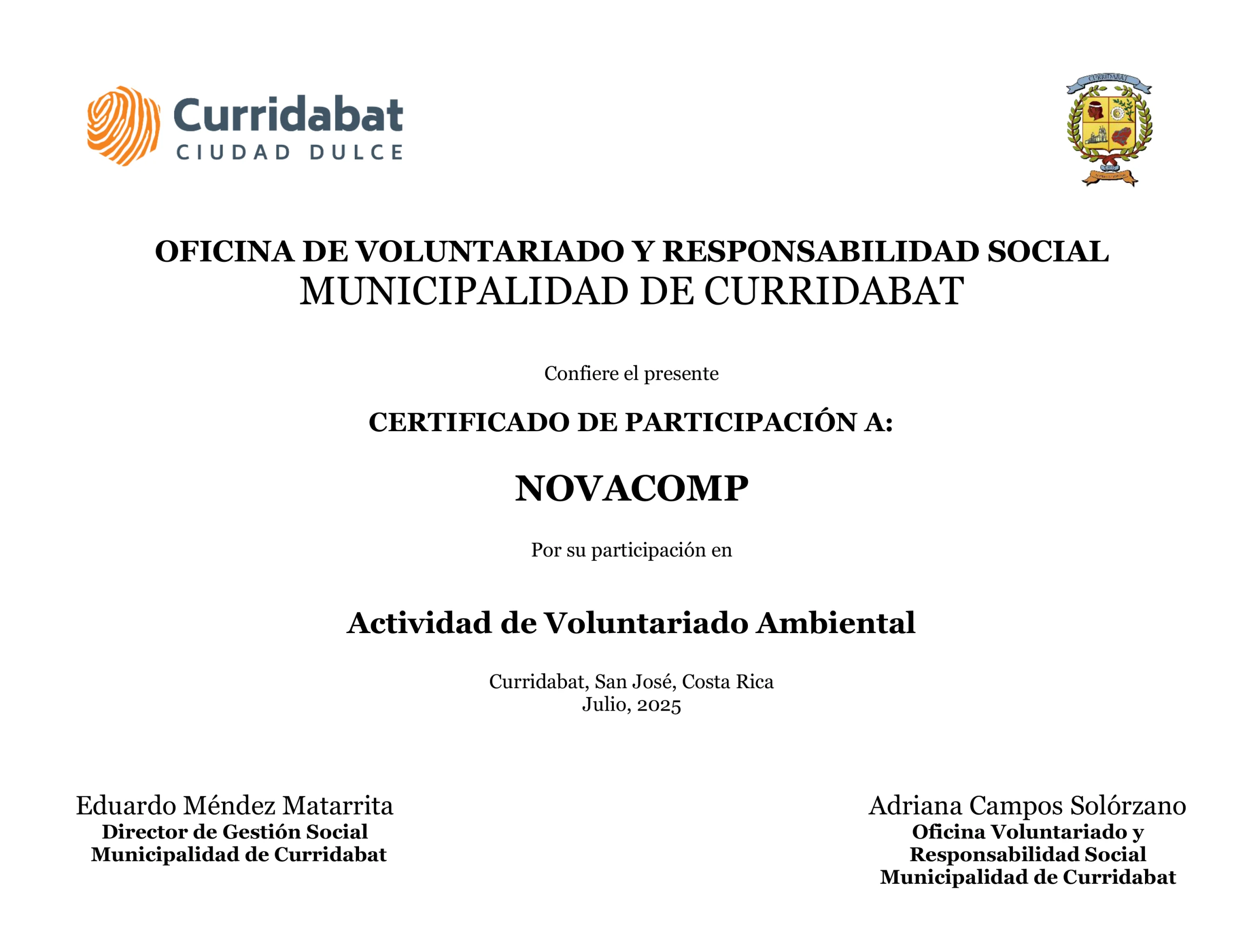 Certificado Voluntariado Ambiental Curridabat - Novacomp 2